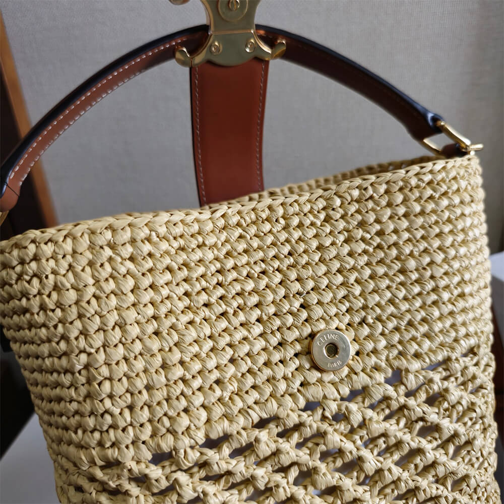 CELINE SMALL LOUISE BUCKET IN RAFFIA AND CALFSKIN(HIGH-END GRADE)